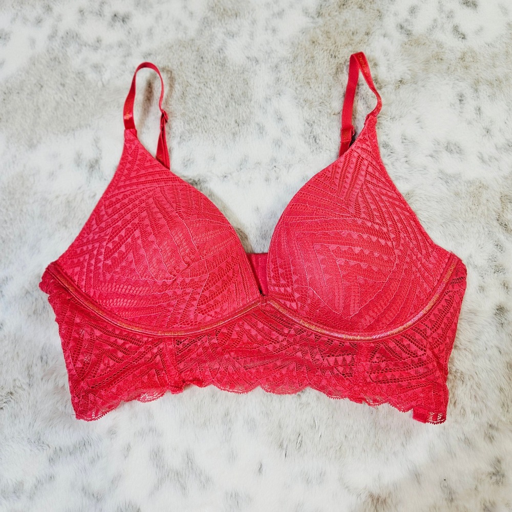 Bebe Pink Lace Longline Padded Underwire Bra 36C Romantic Sexy Lingerie Boudoir